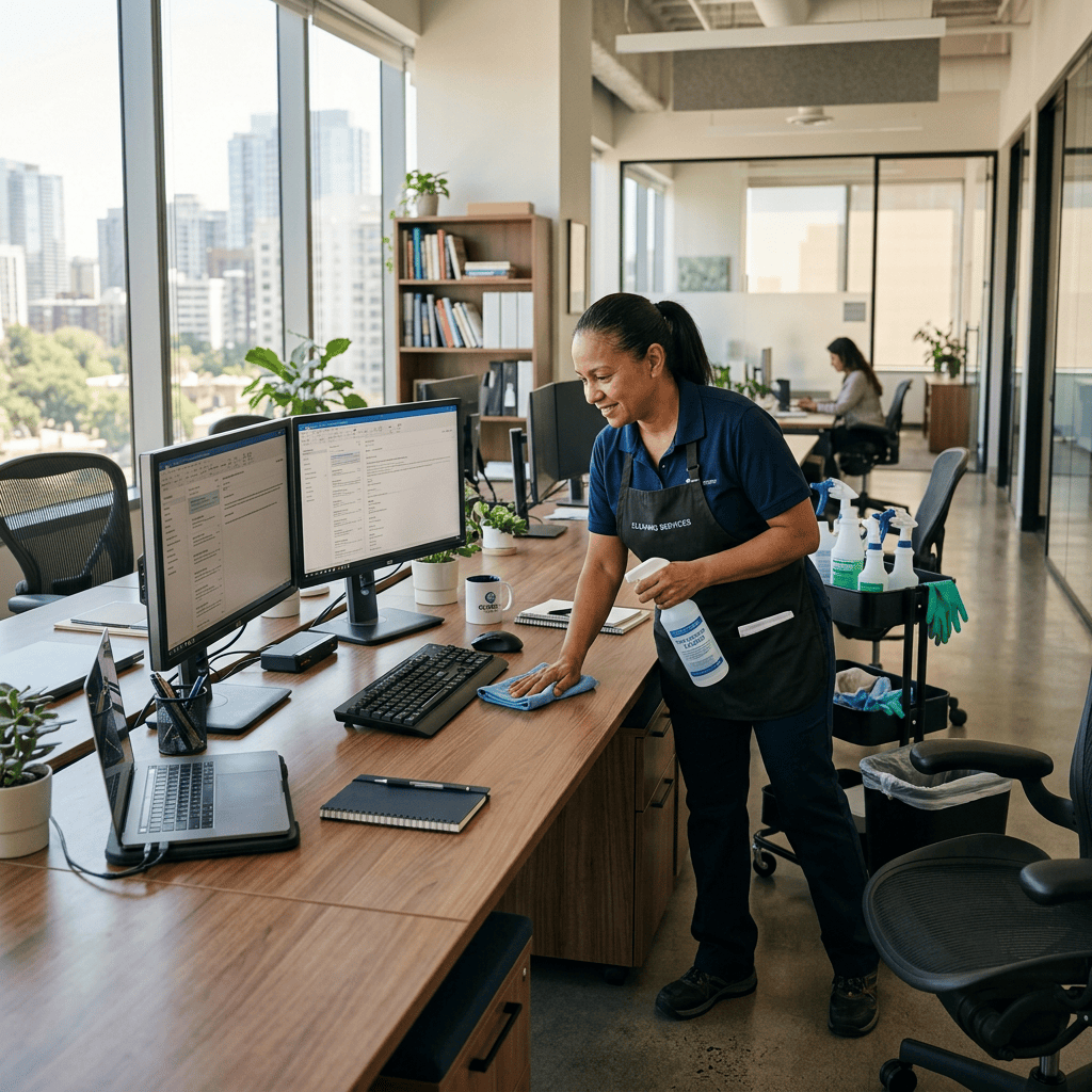 Cleaner sanitizing an office desk beside computers and cleaning supplies
